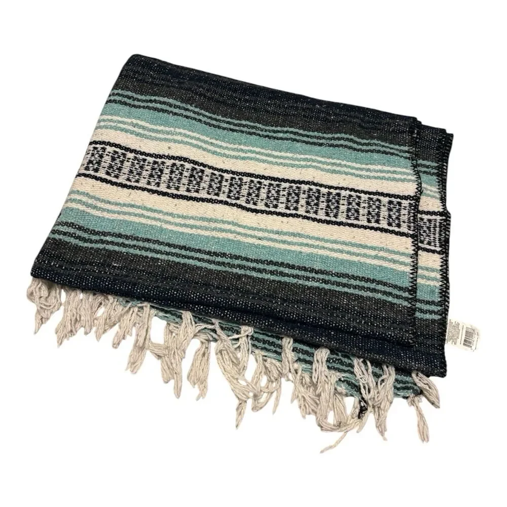 Oland Outdoors Falsa Throw With Fringes 51” x 75” Black White & Blue Handwoven